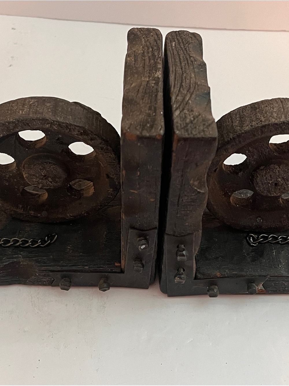 Vintage Rustic Wooden Pulley Bookends - Dark Brown